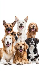 A joyful group of seven dogs, featuring mixed breeds, sitting together against a whites backdrop, all smiling happily.