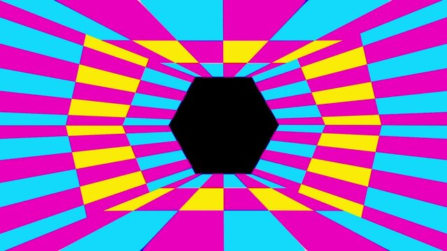 Vibrant background with yellow, pink, and blue patterns in a hexagonal tunnel design. High quality FullHD footage