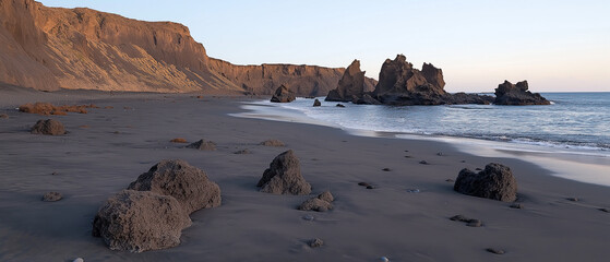  Scenic Rocky Coastal Landscape with Black Sand Beach and Sea Cliffs at Sunset.