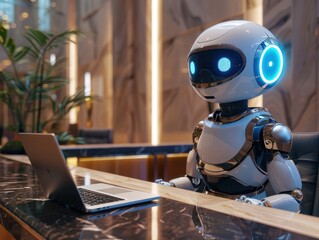 A humanoid robot performs receptionist duties at a modern desk, representing the integration of advanced AI technology in hospitality and business environments.