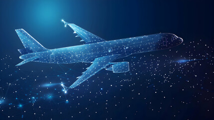 Low Poly Airplane Illustration: Digital Wireframe with Glowing Stars
