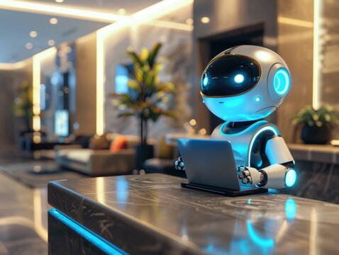 Friendly Reception Robot with Laptop in a Modern Lobby