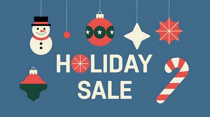 Festive Holiday Sale Banner with Snowman, Ornaments, and Candy Cane