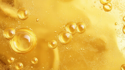 Bubbles and droplets glisten in vibrant yellow liquid illuminated by soft light