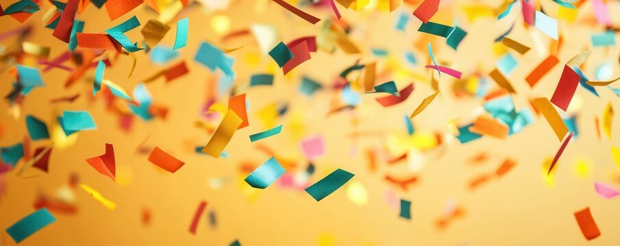 Colorful confetti falling against warm background, creating festive atmosphere