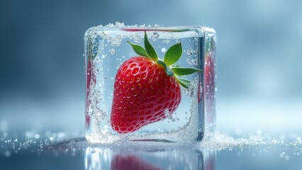 A vibrant strawberry frozen in a crystal-clear ice cube