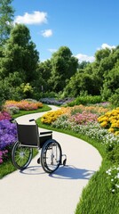 Obraz premium A black wheelchair on a winding path through a vibrant flower garden under a clear blue sky.