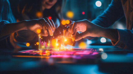 A professional team working together with digital project management tools, engaging in client-centric CMR strategies, with glowing icons for teamwork and customer satisfaction. 