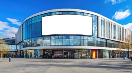 Fototapeta premium Blank white banner on a modern shopping mall facade, perfect for promotional text or branding. Stylish architecture background.