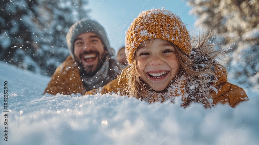 Wall mural joyful family sledding adventure in winter wonderland - parents and children laughing and cheering w