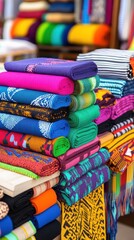 A vibrant display of assorted textiles in a range of colors and patterns, showcasing cultural craftsmanship and artistry.