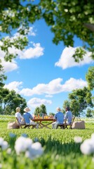 A diverse group of elderly friends enjoying a sunny picnic in a lush green field under a bright blue sky.
