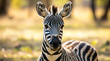 Naklejka premium Close-up portrait of a zebra with its head tilted in a curious manner, staring directly at the camera.