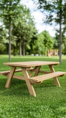 A rustic wooden picnic table set in a lush green park, perfect for outdoor gatherings and relaxation.
