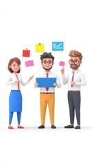 A diverse group of three animated business professionals collaborating with colorful sticky notes.