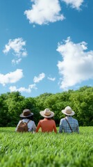 Three individuals enjoying a serene moment in a lush green field under a bright blue sky with fluffy clouds.