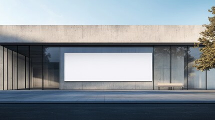 Obraz premium Large blank banner on the exterior wall of a modern building, ideal for custom advertisements and branding, with a clear sky background.