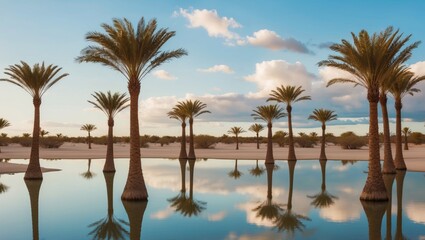 A serene desert scene with palm trees surrounding a calm lake.