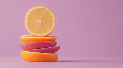 A stack of oranges and a lemon on a pink background