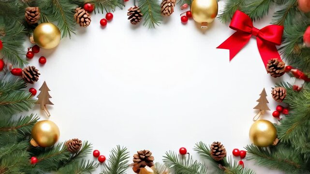 Festive christmas border with pinecones, ornaments, and bows transition seamlessly
