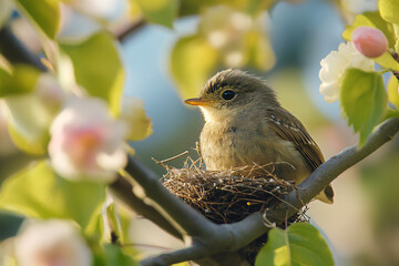 Obraz premium Young bird perched in a nest among blooming branches with soft sunlight highlighting its feathers creating a serene spring scene 