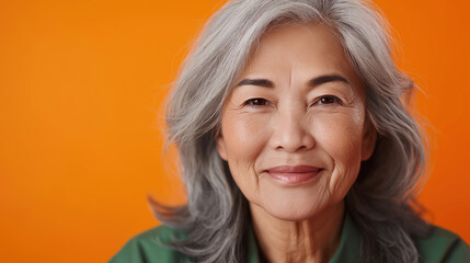 Fototapeta premium Smiling elderly woman with gray hair and orange background