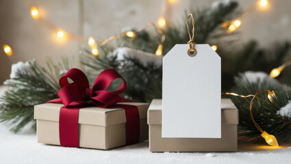 Craft paper box with gift tag on fir branches background. Christmas composition. AI generated
