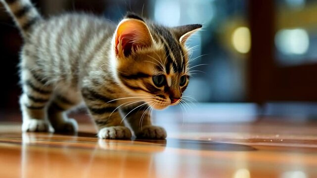 The cat is hunting. Large pupils in eyes of a kitten.
