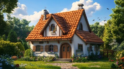 Obraz premium Charming Cartoon Cottage with Brown Roof and Green Lawn, a picturesque home with a cozy atmosphere, perfect for a family, featuring a red roof, a green lawn, a white picket fence, and a flower garden.