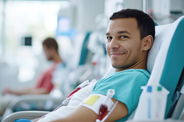 A young man donates blood while seated comfortably in a hospital chair.  The image captures an act of kindness and community support, ideal for themes of healthcare, charity, and volunteerism.