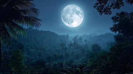 Fototapeta premium A stunning night landscape featuring a bright full moon illuminating a dense forest of lush greenery and palm trees, creating an enchanting and serene atmosphere.