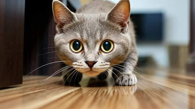 The cat is hunting. Large pupils in eyes of a kitten.