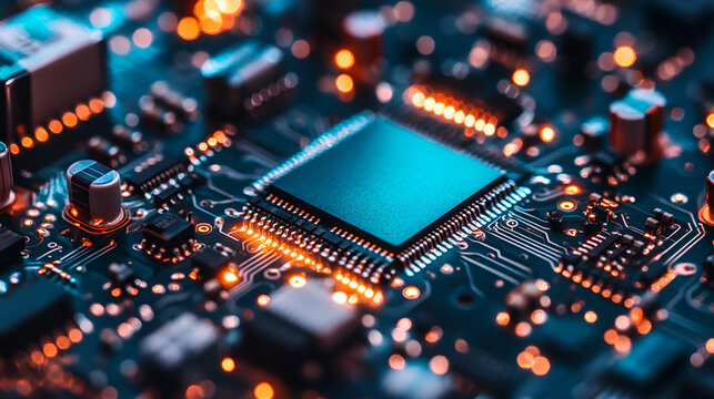 Abstract circuit board with lights. Main part of computer