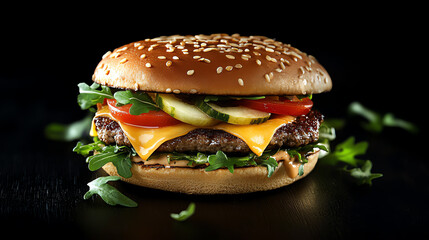 Burger with melted cheese and fresh vegetables, isolated, concept classic comfort food