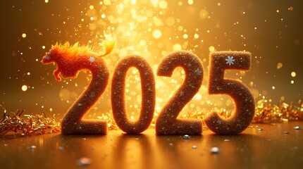 Numbers 2025 with a fiery horse nearby on a gold background. New Year 2025 in golden elegant colors.
The number 2025 is on a fiery golden background.