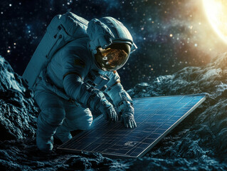 Astronaut explores solar panels in the vastness of outer space during a daring spacewalk