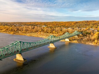 Aerial view of the Vistula river and the bridge in Wloclawek in Poland, autumn scenery.