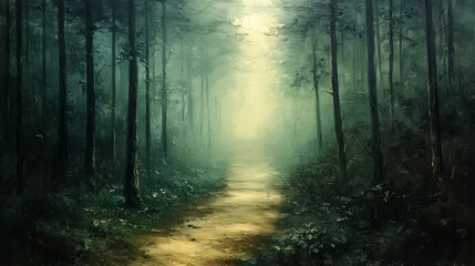 Obraz premium golden sunlight filtering through a misty forest on a peaceful morning