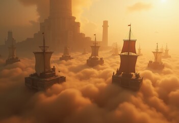 Fototapeta premium Enchanted ships navigate through golden clouds near a towering castle during a vibrant sunset in a mystical world