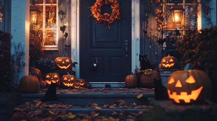 Obraz premium A spooky front porch with Halloween decorations, including jack-o'-lanterns, black cats, and flickering lanterns hanging from the ceiling. 