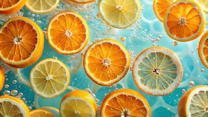 Obraz premium Refreshing citrus slices in sparkling water for summer beverage concept