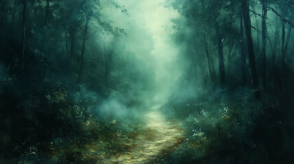 morning mist swirls around a serene forest pathway dotted with wildflowers