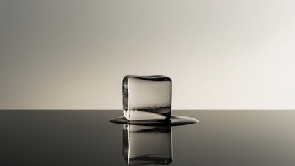 Clear ice cube melting on a reflective surface in soft lighting.