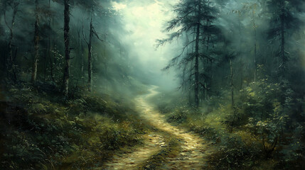 Obraz premium golden rays filter through a misty pine forest, illuminating a sandy path