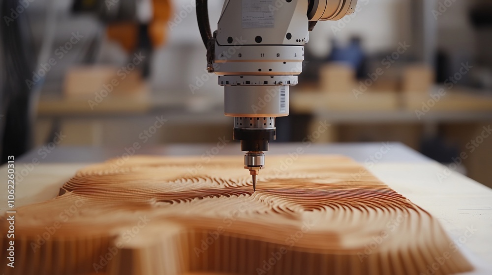 Poster Close-up of a robotic arm with a drill bit carving a wooden surface with intricate patterns.