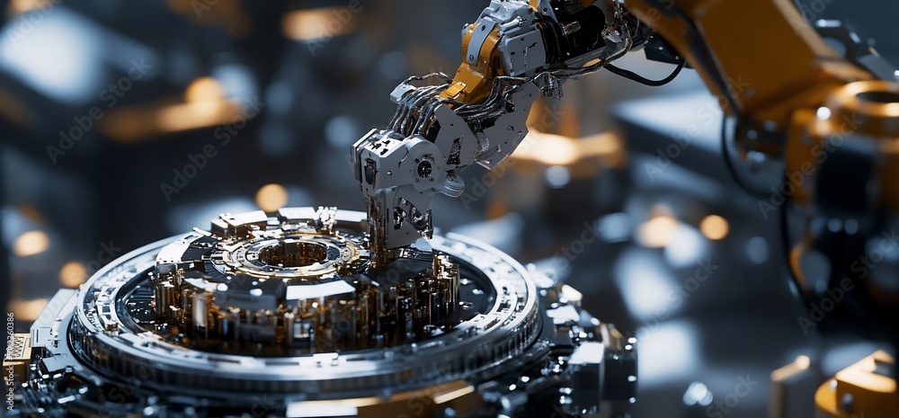Leinwandbilder closeup of a robotic arm interacting with a complex machine, a futuristic image highlighting the int