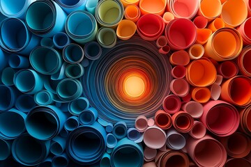 Abstract image of colorful paper rolls forming a tunnel with a light at the end.