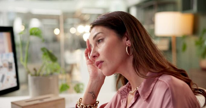 Sick woman, headache and blowing nose with tissue, sinus or allergy for flu, cold or sneeze at office desk. Frustrated, female person or tired employee with influenza, infection or virus for hayfever