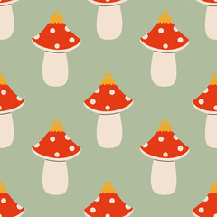 Whimsical red and cream mushroom pattern on light green background