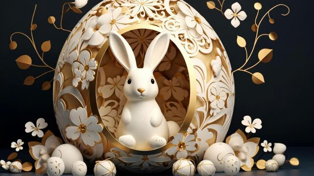 White Easter eggs with a golden pattern with rabbits. Trend. concept of a happy Easter.